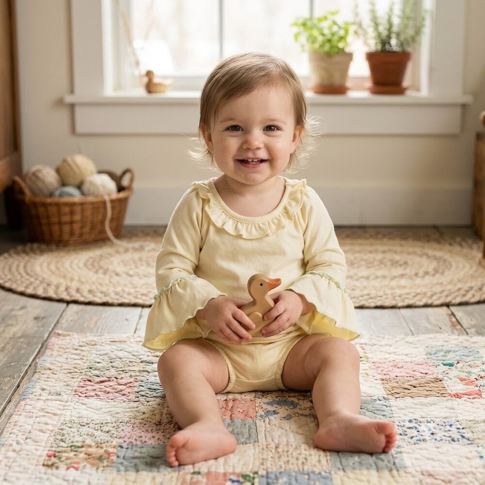 Jamie Dana Pale Yellow Cottagecore Bell Sleeve Ruffle Neck Blouse Top 18 Months